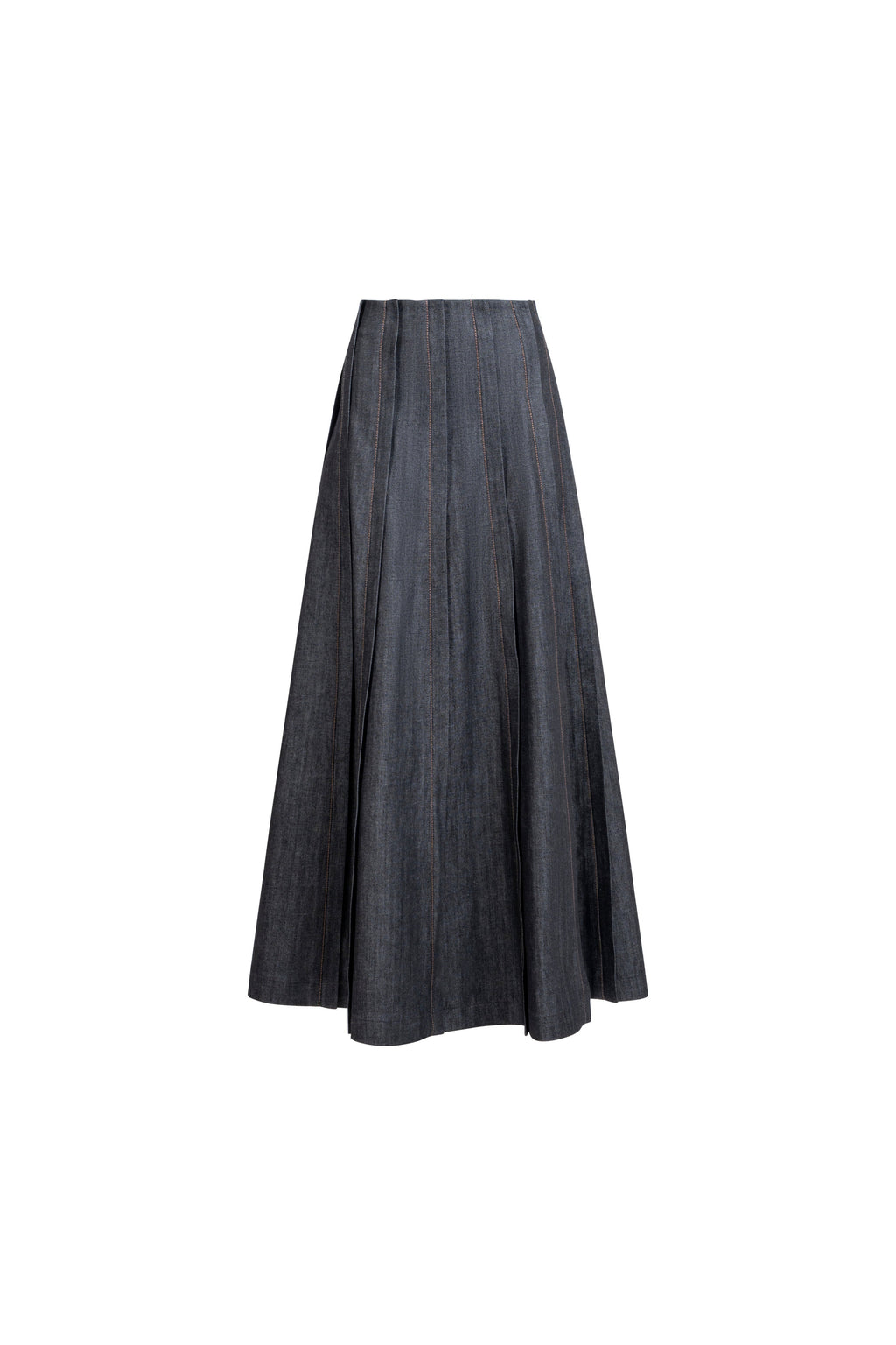 Placket denim skirt, front view, A-line silhouette