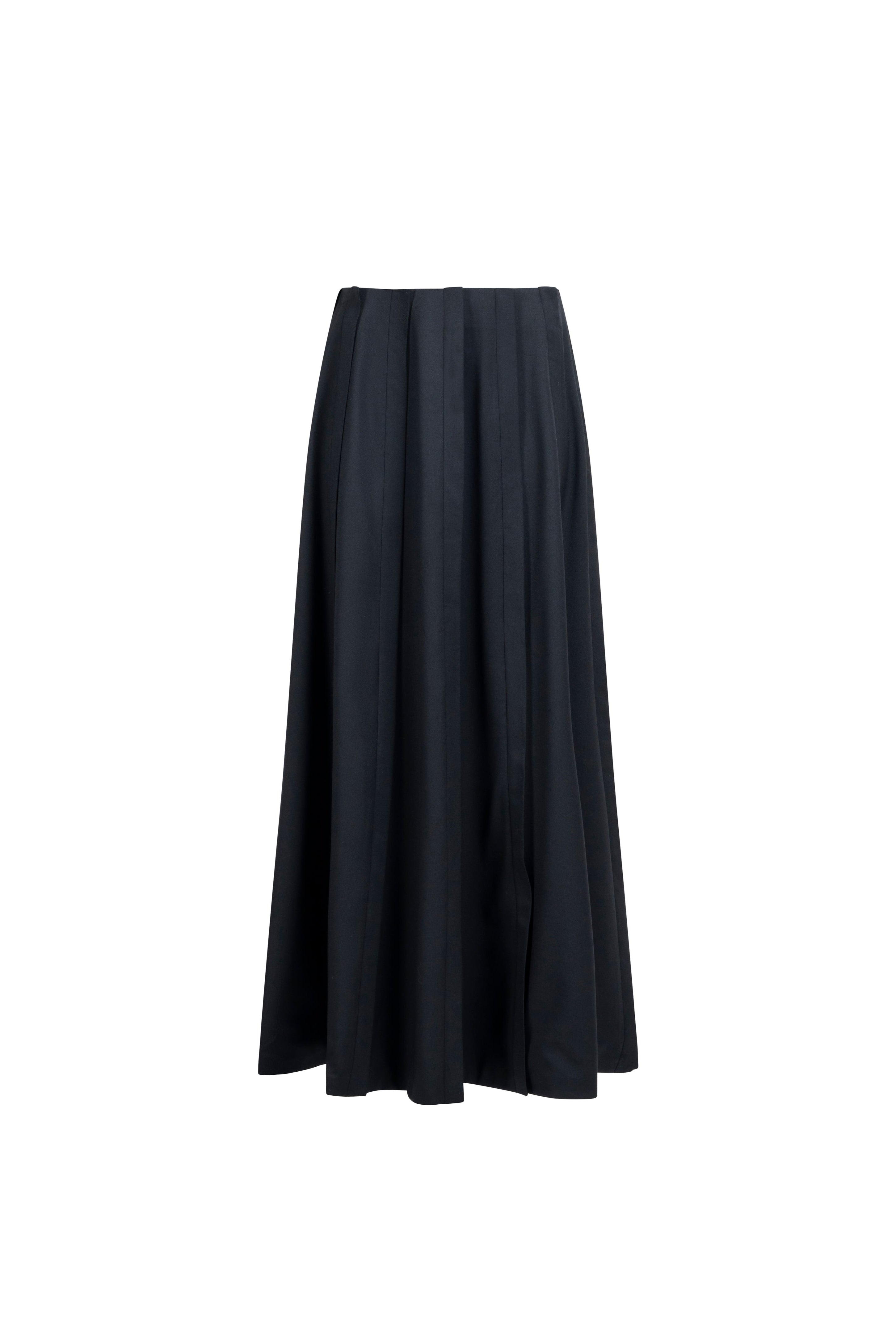 Women’s black wool maxi skirt, pleated panel detailing
