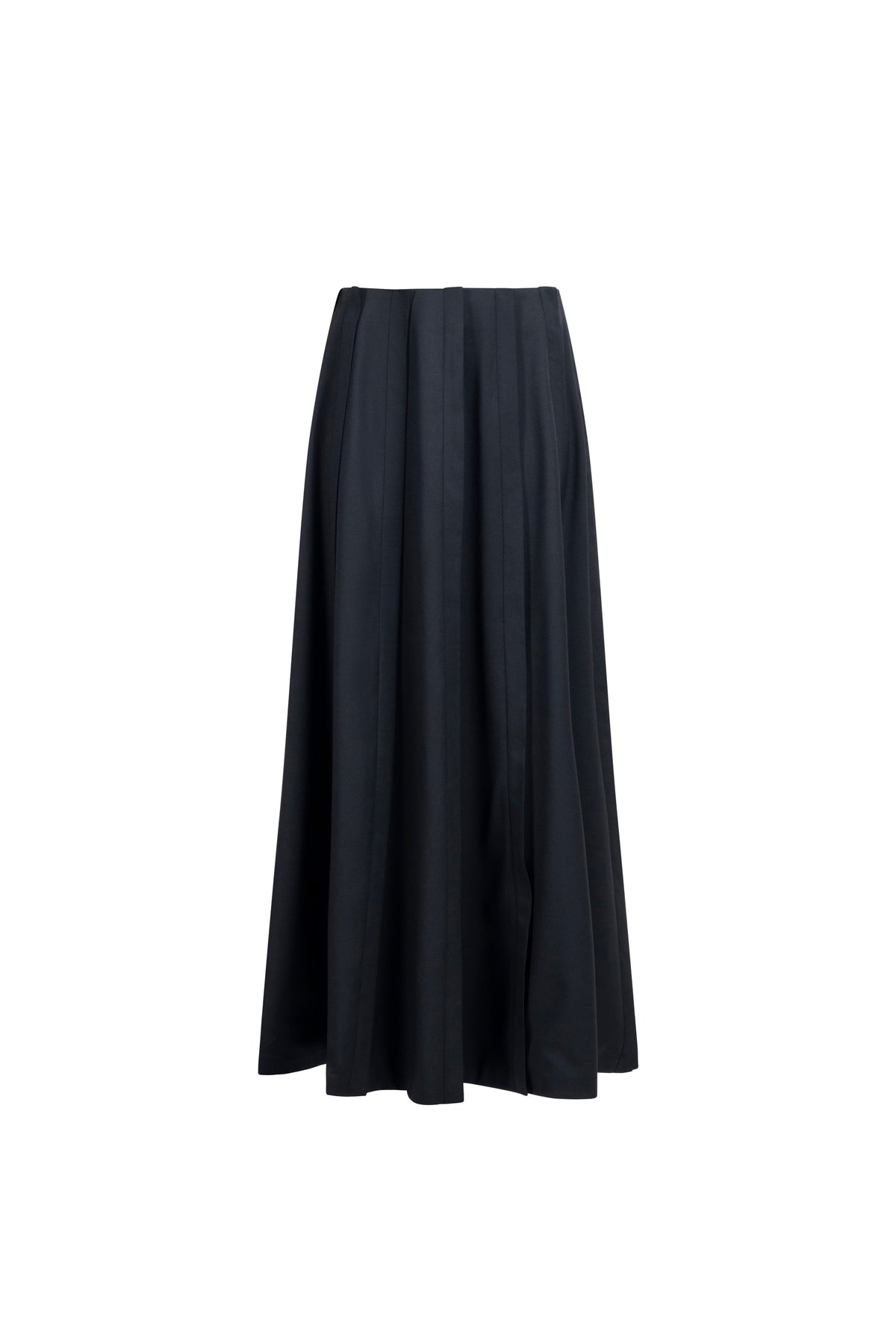 Women’s black wool maxi skirt, pleated panel detailing