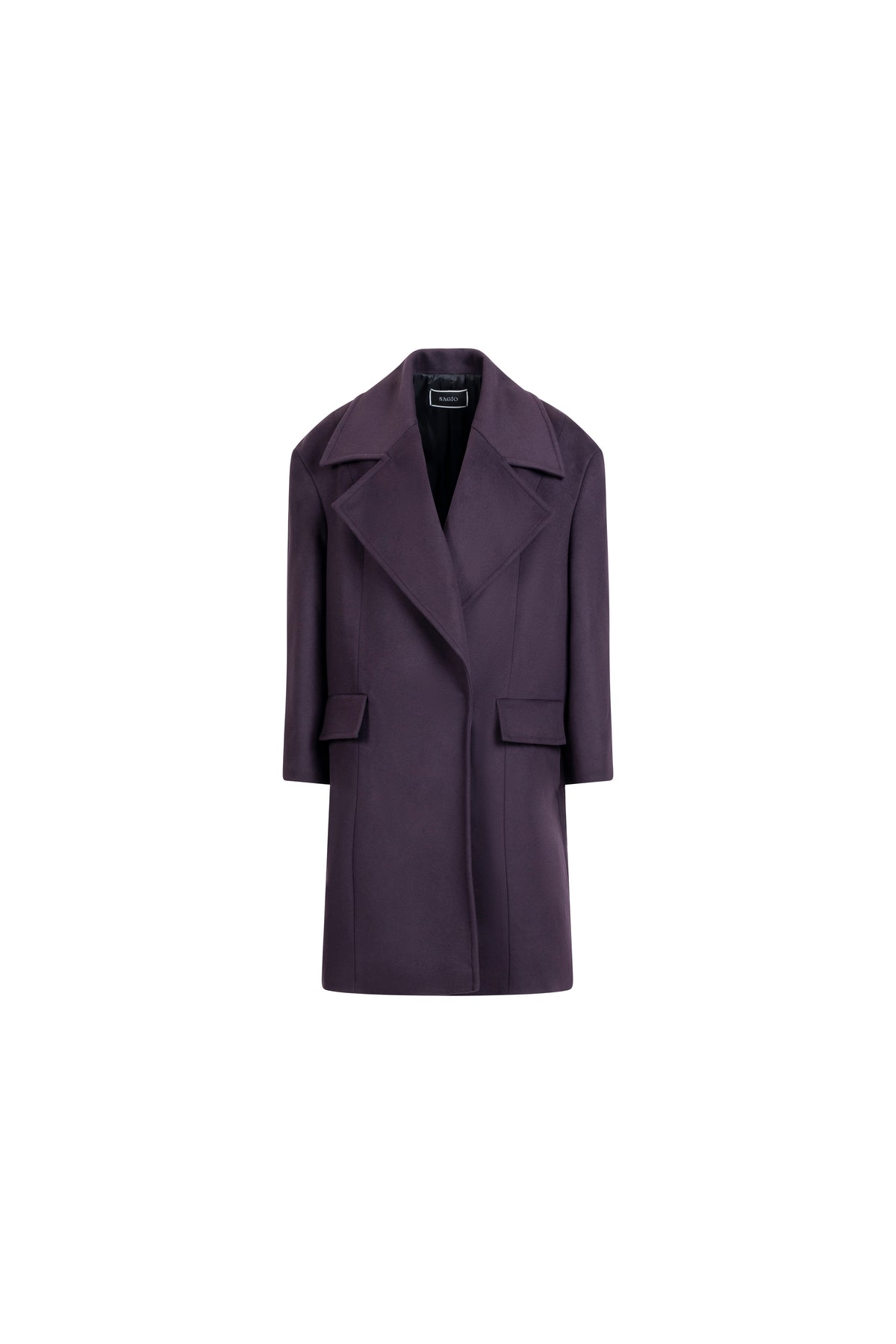 Falling Shoulder wool coat in Plum, front packshot; wide peak lapels, minimalist tailoring and concealed closure.