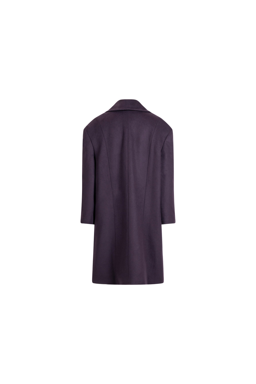 Falling Shoulder wool coat in Plum, back packshot; streamlined panels and dropped-shoulder construction.