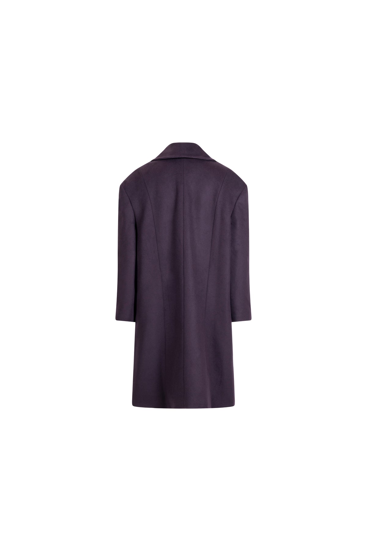 Falling Shoulder wool coat in Plum, back packshot; streamlined panels and dropped-shoulder construction.