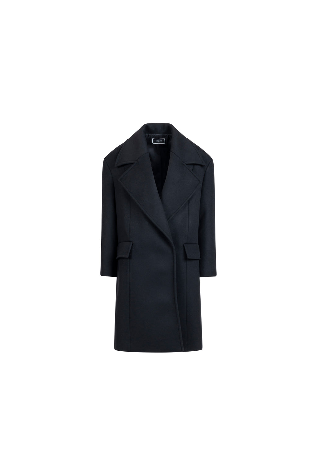 Falling Shoulder wool coat in Black, front packshot; oversized tailored silhouette with peak lapels and flap pockets.