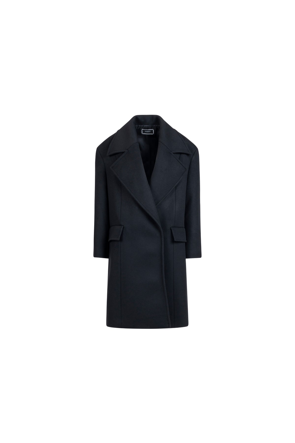 Falling Shoulder wool coat in Black, front packshot; oversized tailored silhouette with peak lapels and flap pockets.