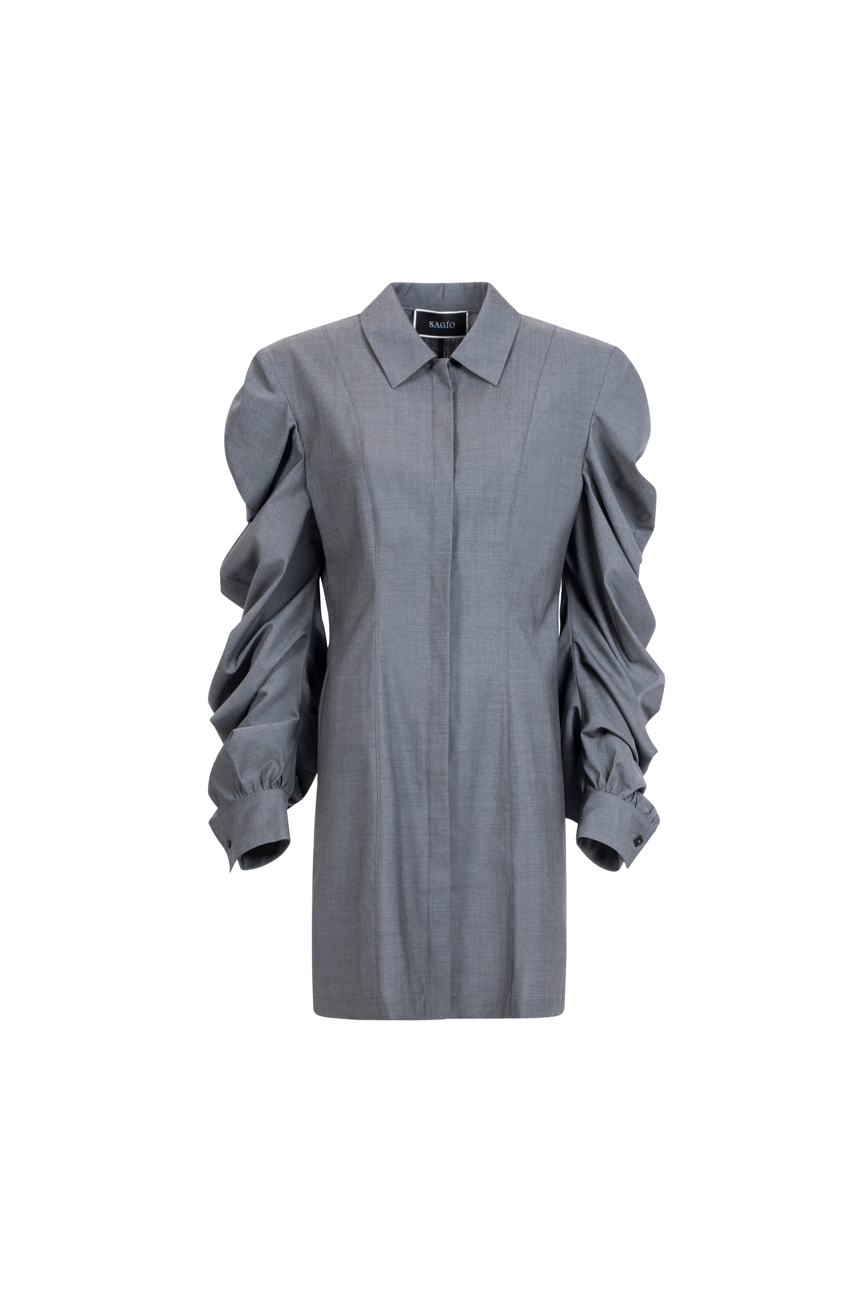 Women’s grey wool shirt with sculptural sleeves, concealed placket