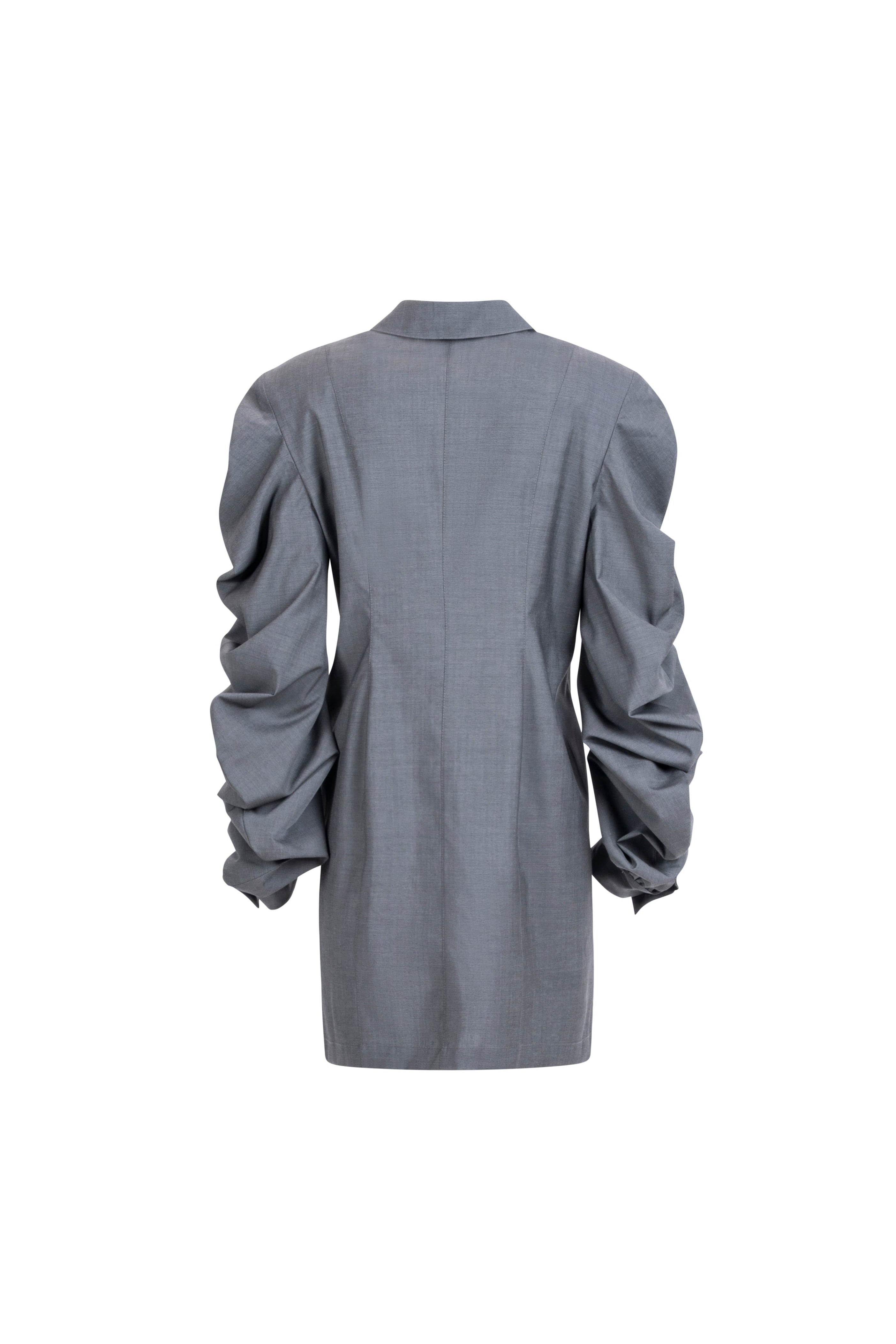 Women’s grey wool shirt with sculptural sleeves, back view