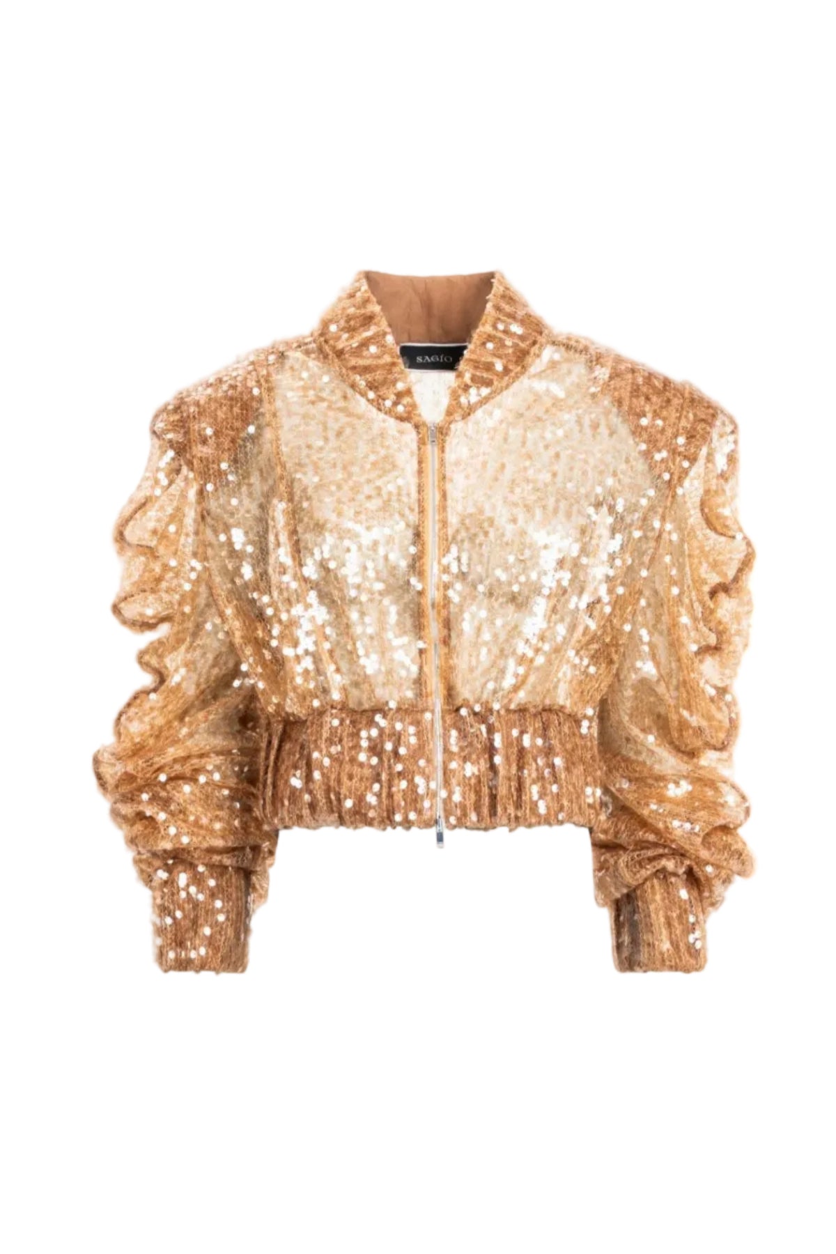 Women’s gold sequin cropped jacket with ruched sleeves and front zip