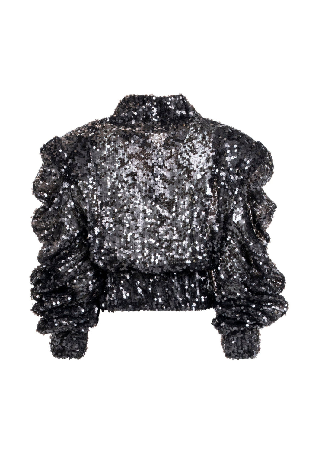 Women’s black sequin cropped jacket, back view with ruched sleeves