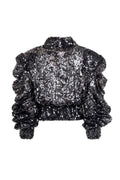 Women’s black sequin cropped jacket, back view with ruched sleeves