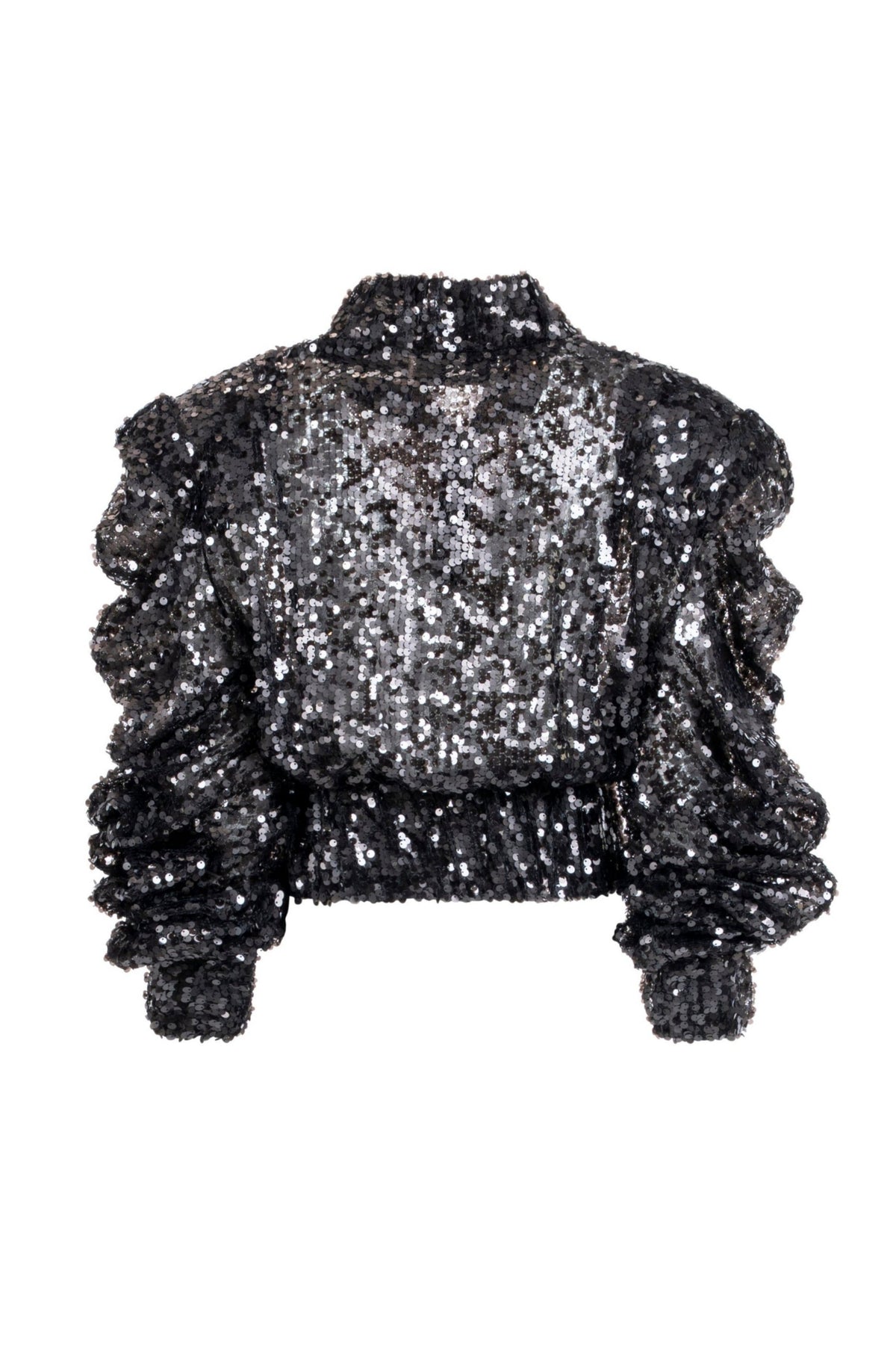 Women’s black sequin cropped jacket, back view with ruched sleeves