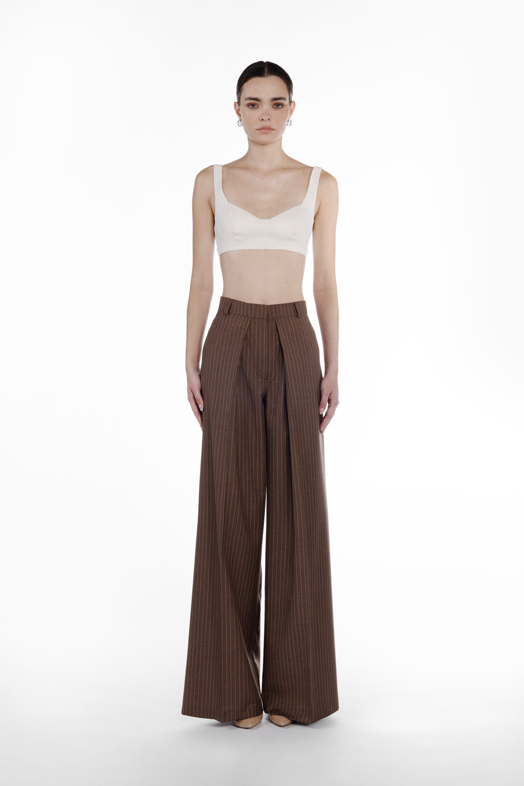 Deep Folds Stripes Palazzo in Brown, front view, striped virgin wool palazzo trousers with deep front folds and elongated tailored silhouette