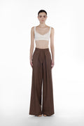 Deep Folds Stripes Palazzo in Brown, front view, striped virgin wool palazzo trousers with deep front folds and elongated tailored silhouette