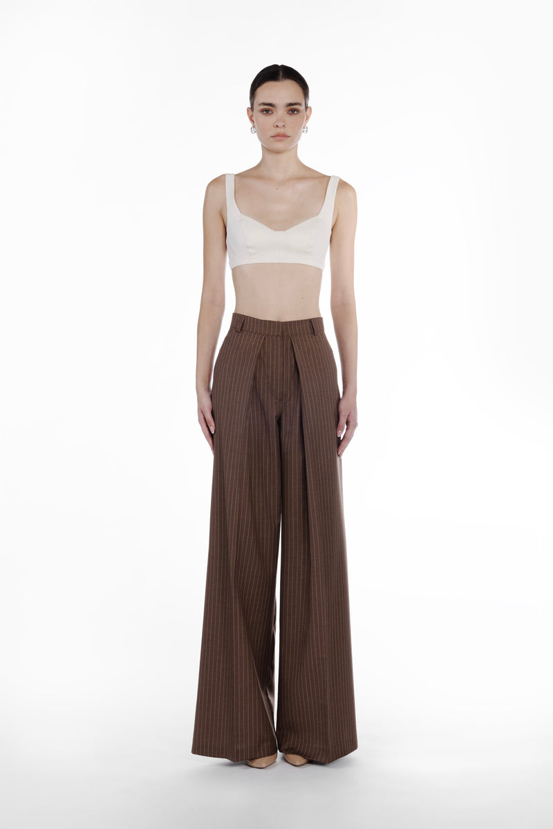Deep Folds Stripes Palazzo in Brown, front view, striped virgin wool palazzo trousers with deep front folds and elongated tailored silhouette