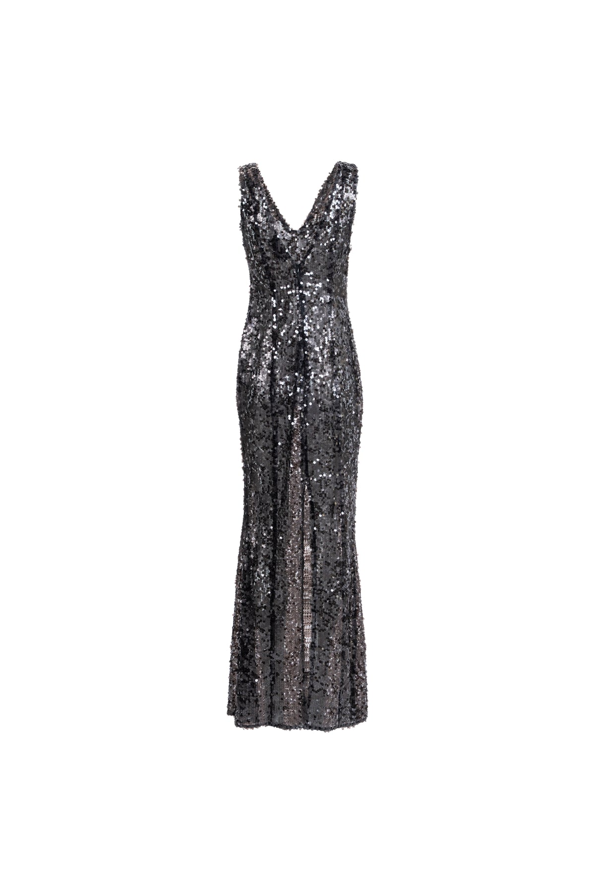 Naked Shimmer Dress in black; deep V-back and straight skirt with slit