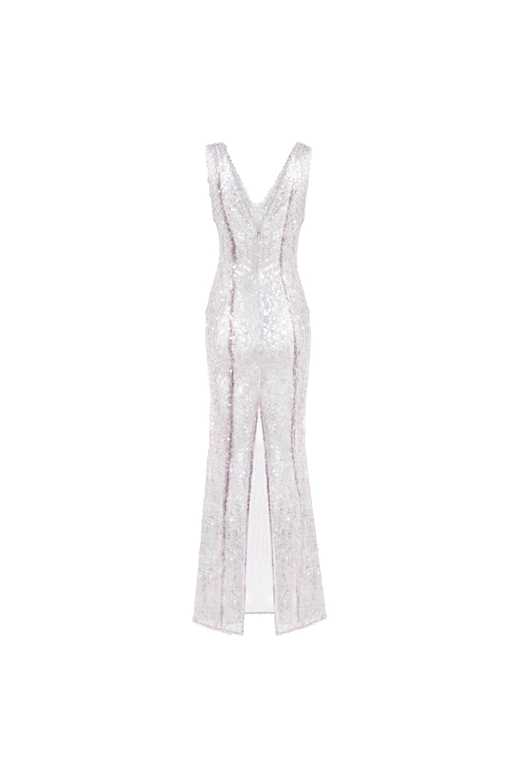 Naked Shimmer Dress in Grey Lavander, back view; shimmering sequins with center slit