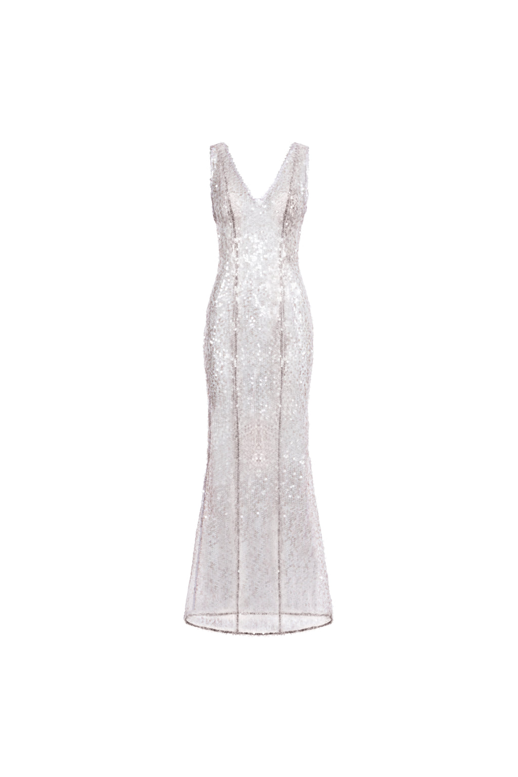Naked Shimmer Dress in Grey Lavander, front view; V-neck evening column gown
