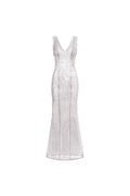 Naked Shimmer Dress in Grey Lavander, front view; V-neck evening column gown