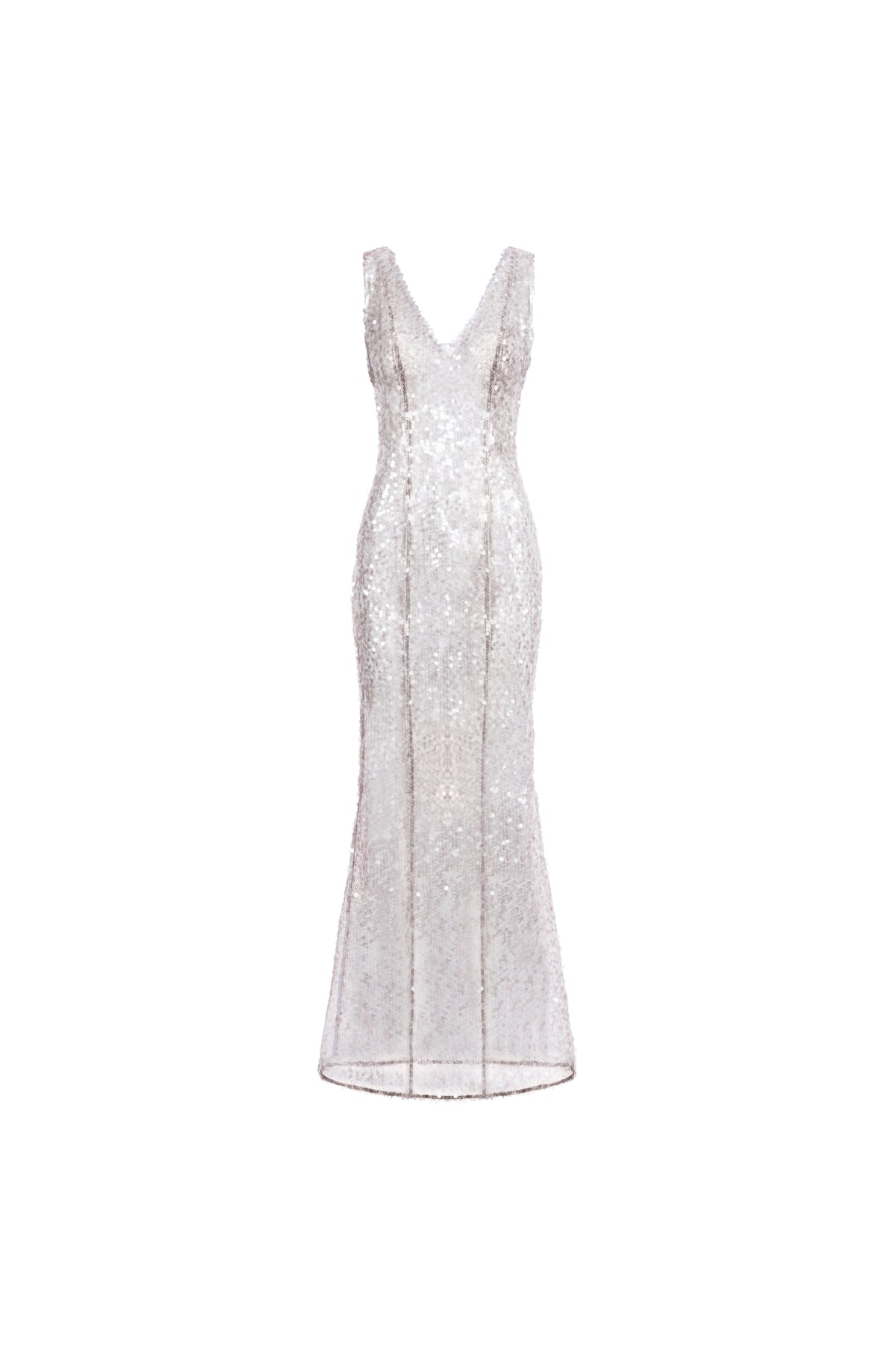Naked Shimmer Dress in Grey Lavander, front view; V-neck evening column gown