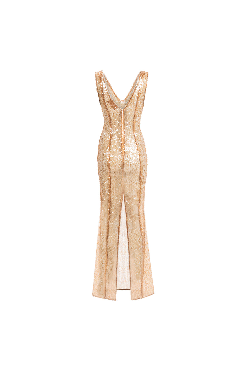 Naked Shimmer Dress in Golden Brown, back view; deep V-back with slit