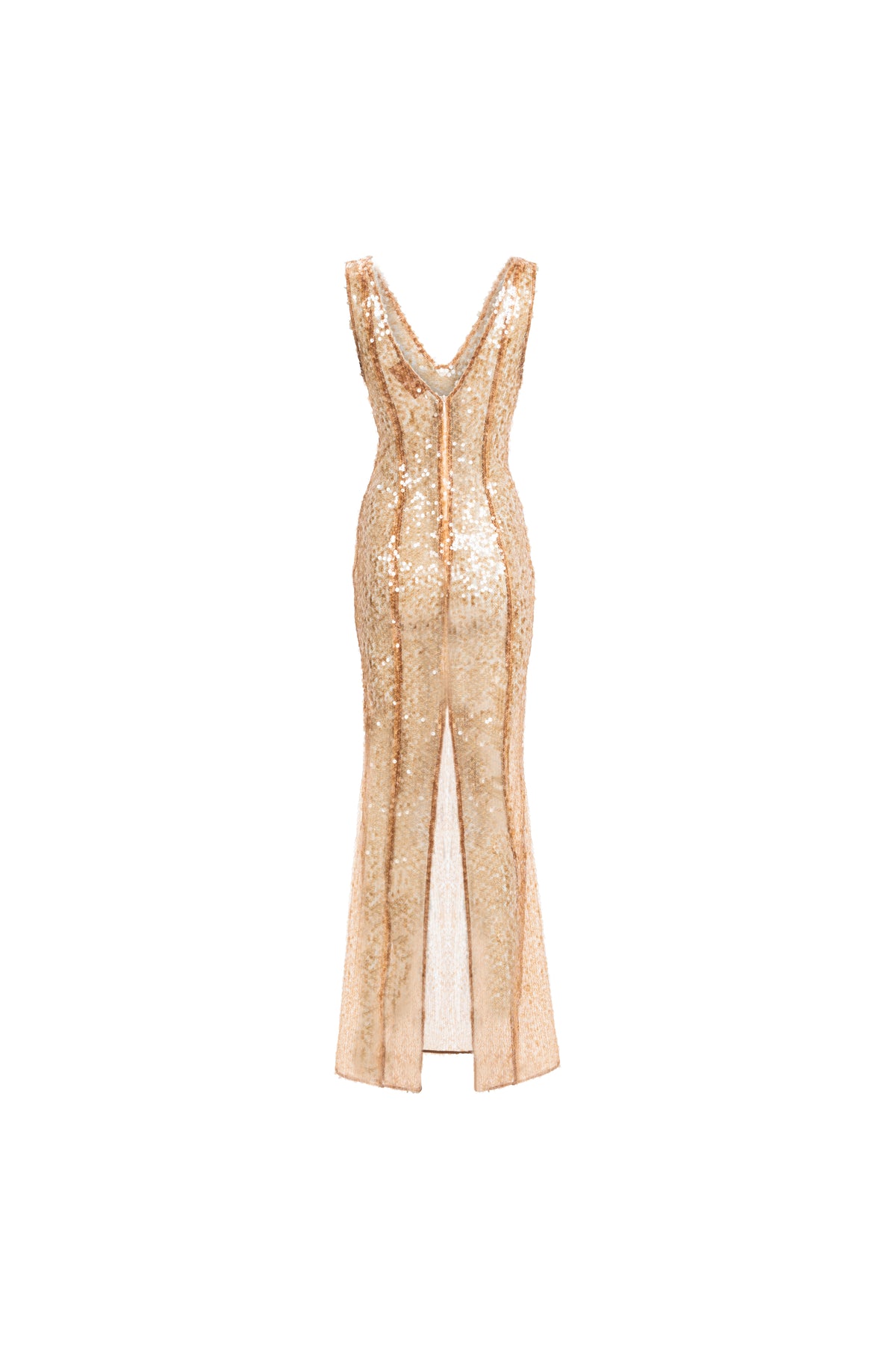 Naked Shimmer Dress in Golden Brown, back view; deep V-back with slit