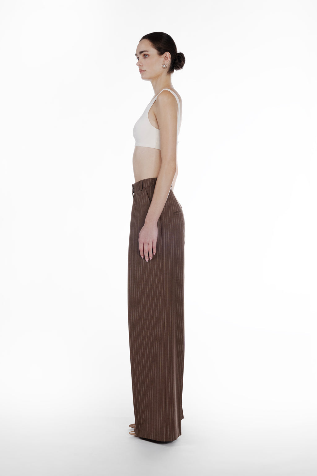 Deep Folds Stripes Palazzo in Brown, side view, high-waisted striped palazzo trousers with wide-leg shape and refined drape