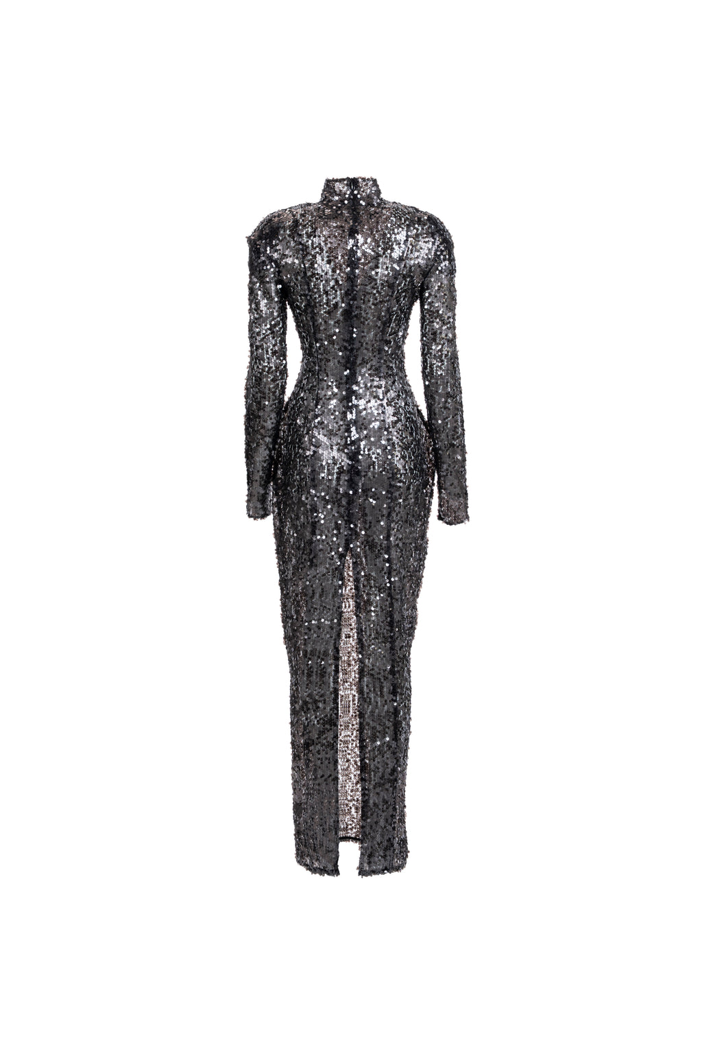 Long-sleeve high-neck black sequin column dress, back view with center slit.