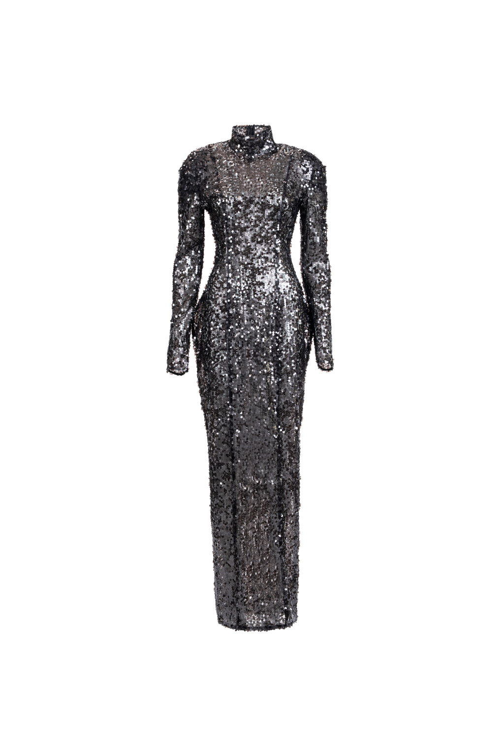 Long-sleeve high-neck black sequin column dress, front view.