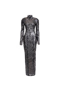 Long-sleeve high-neck black sequin column dress, front view.