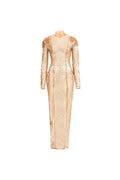Long-sleeve high-neck gold sequin column dress, front view.