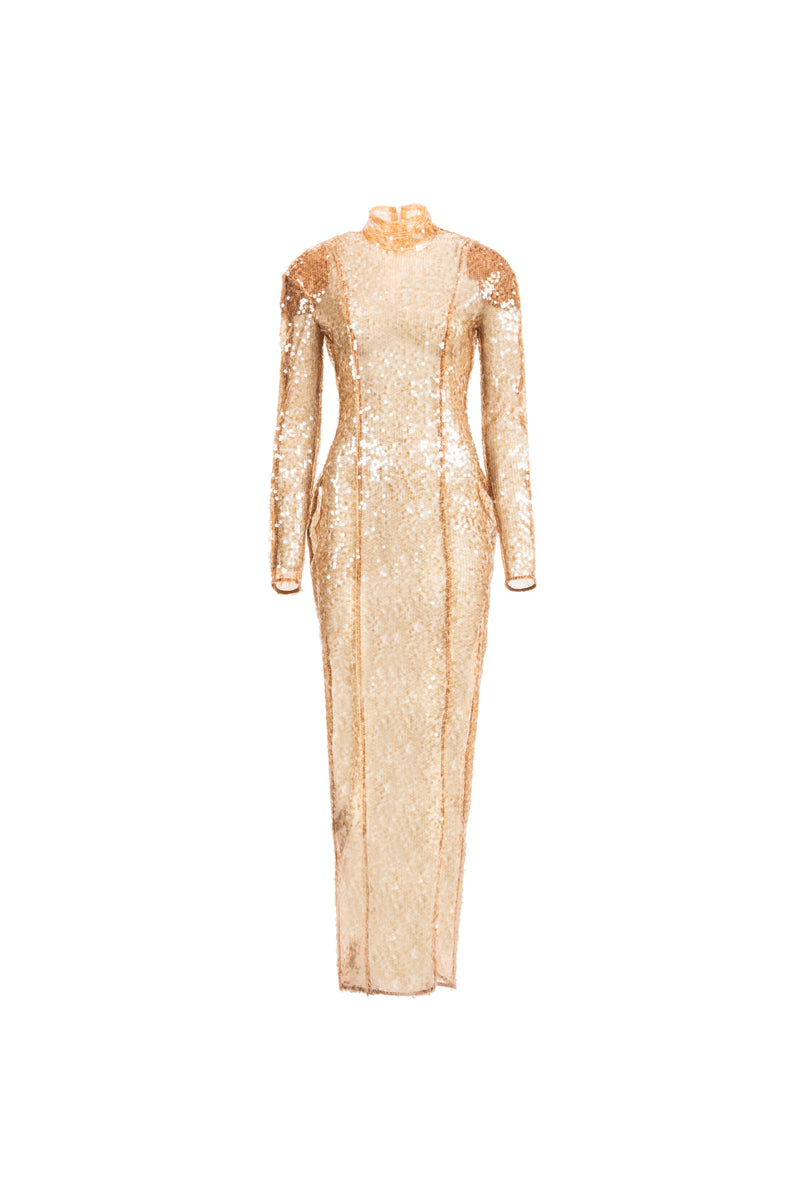 Long-sleeve high-neck gold sequin column dress, front view.