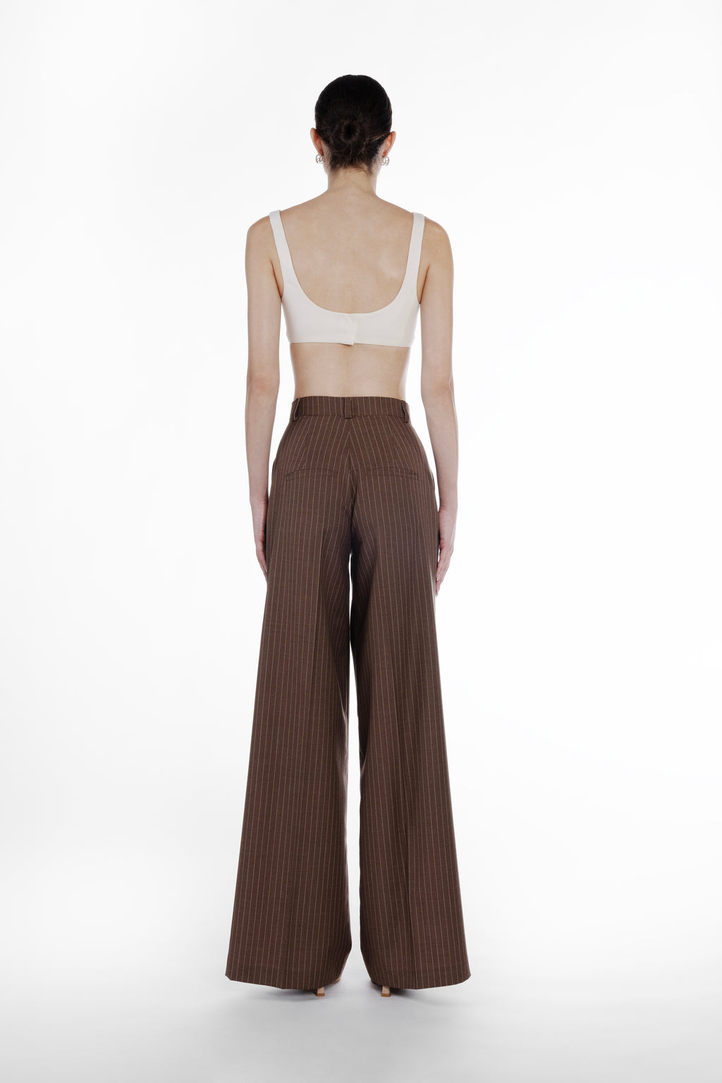 Deep Folds Stripes Palazzo in Brown, back view, tailored striped virgin wool palazzo trousers with full-length wide-leg construction