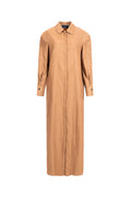 Light Brown long shirt dress, front view; button-front maxi with long sleeves and cuffs, architectural seaming, ankle length.