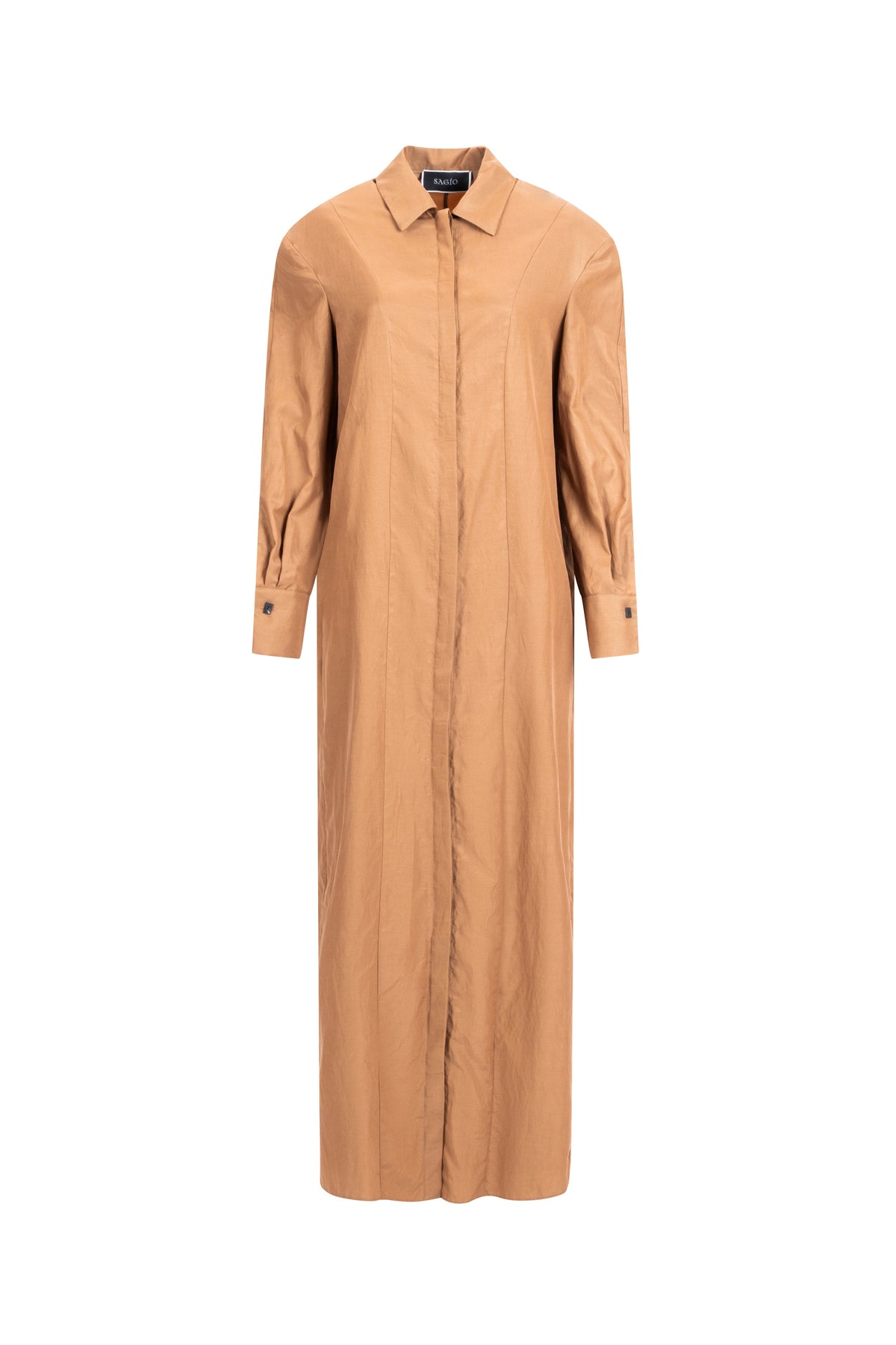 Light Brown long shirt dress, front view; button-front maxi with long sleeves and cuffs, architectural seaming, ankle length.