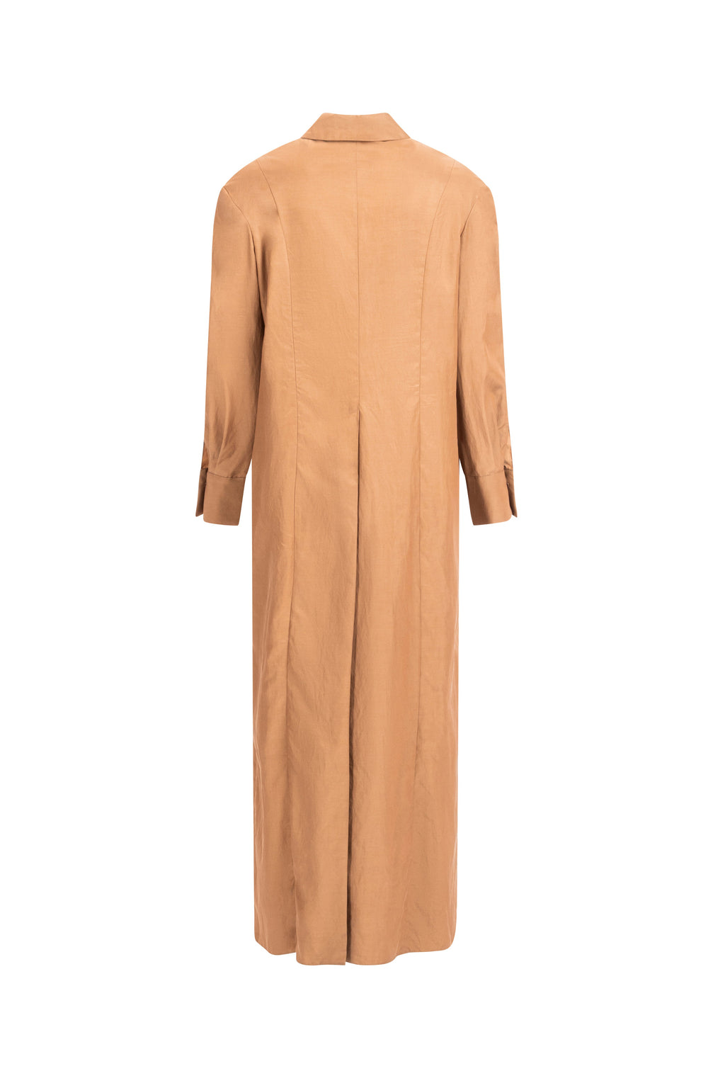 Light Brown long shirt dress, back view; straight maxi silhouette with vent and sculptural seams, minimalist finish.