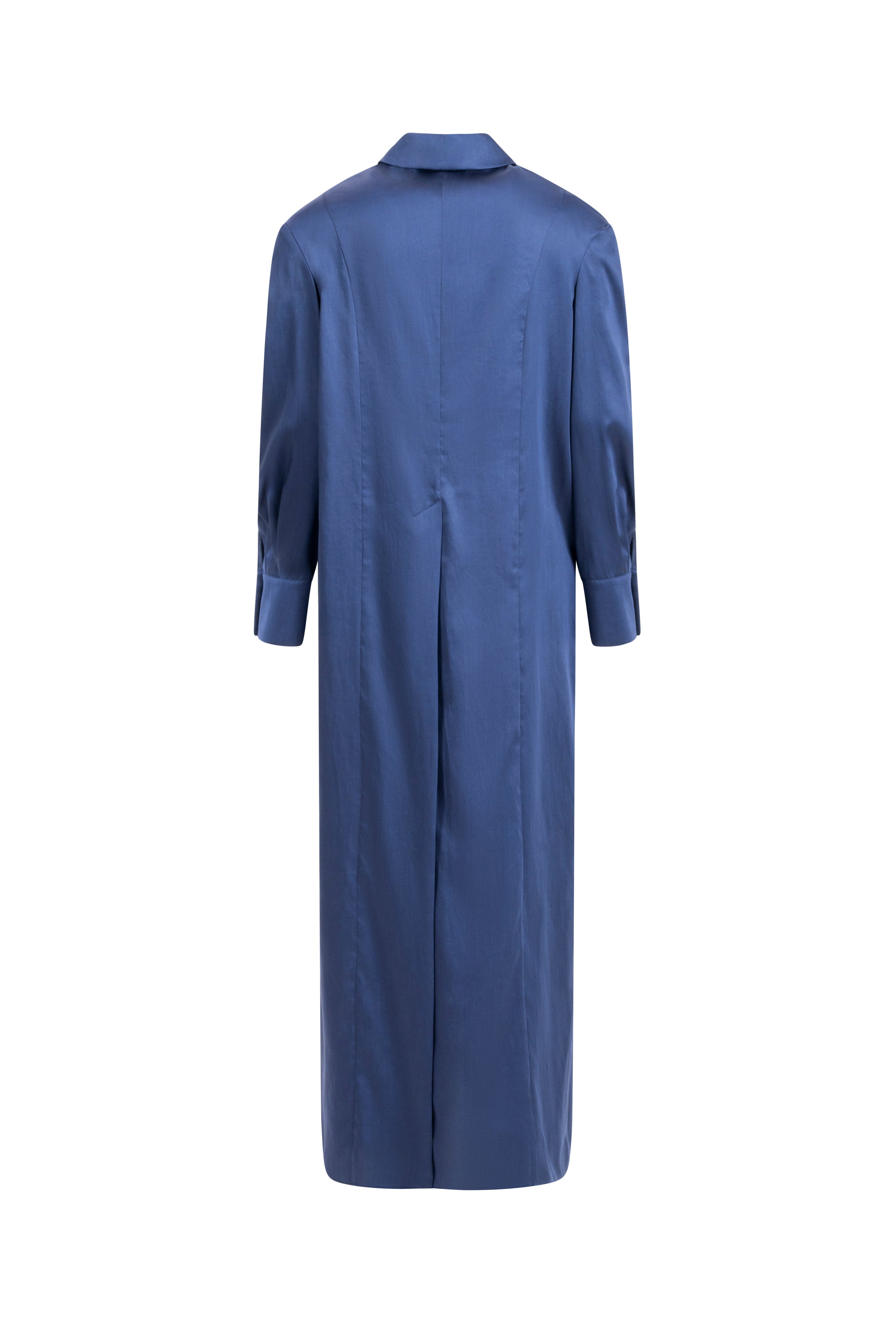 Dark Blue long shirt dress, back view; clean center vent and soft drape in a cotton-blend, tailored collar and cuffed sleeves.