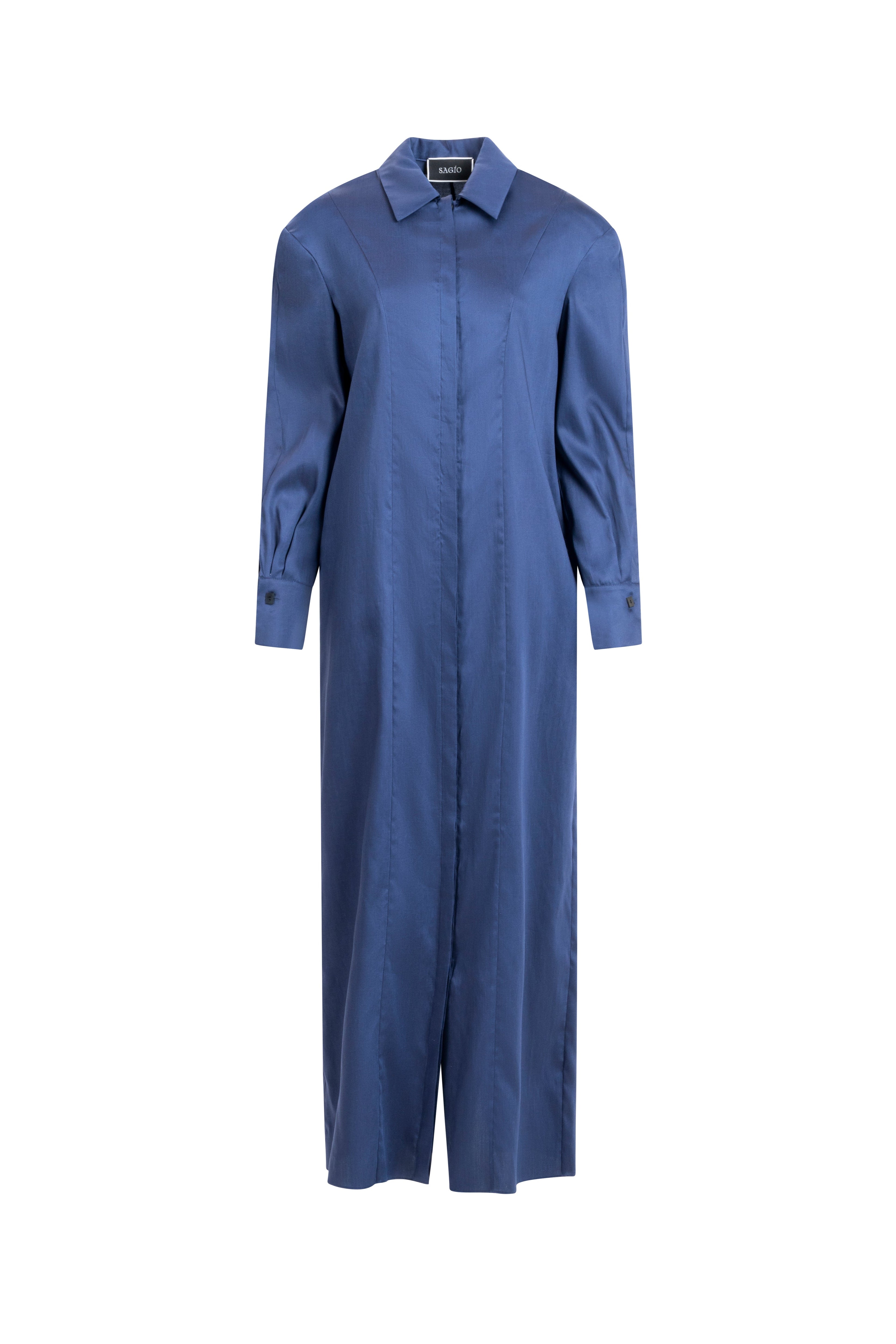 Dark Blue long shirt dress, front view; full-length buttons, tailored collar, long cuffs, modern column shape.
