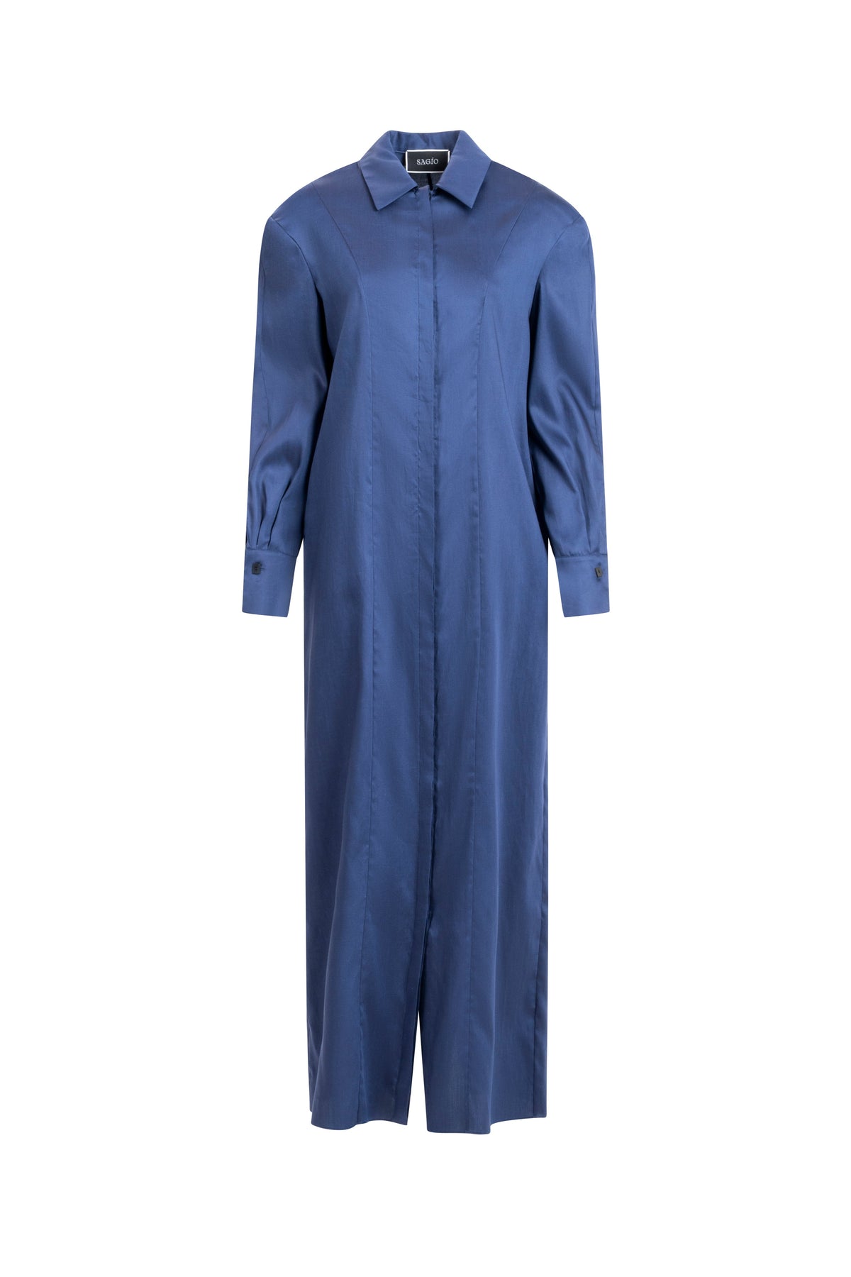 Dark Blue long shirt dress, front view; full-length buttons, tailored collar, long cuffs, modern column shape.