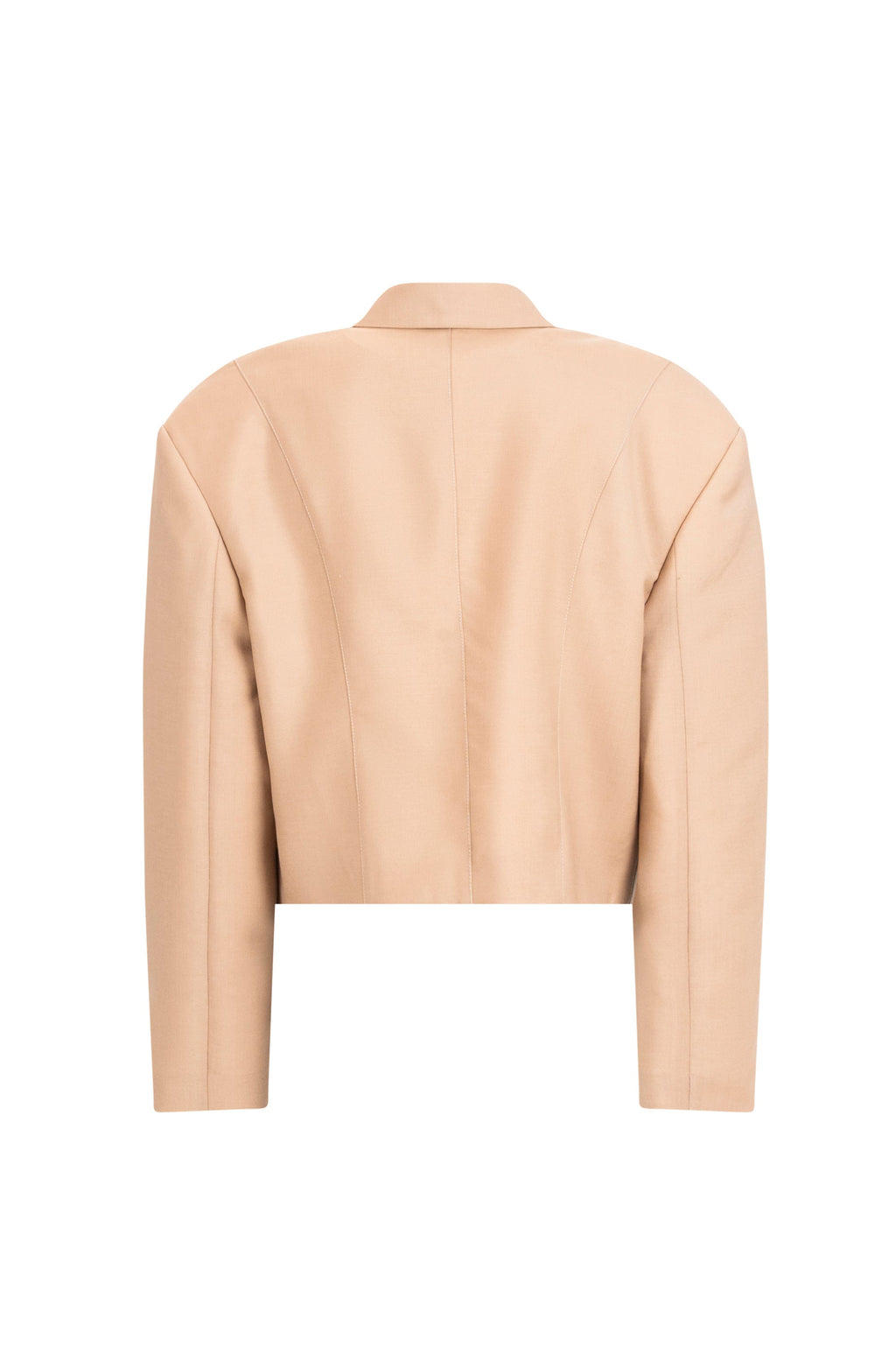 Beige cropped wool blazer with structured seams and falling-shoulder silhouette