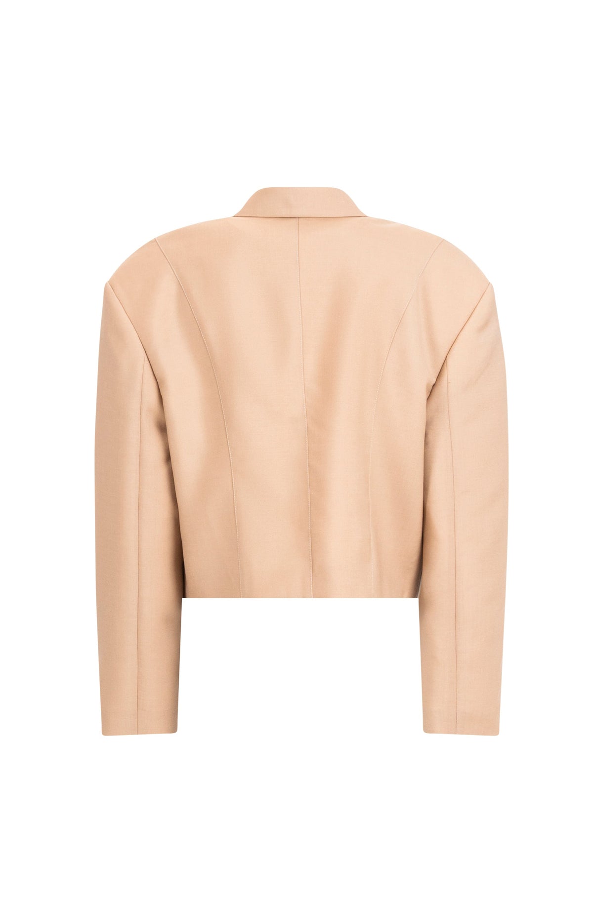 Beige cropped wool blazer with structured seams and falling-shoulder silhouette