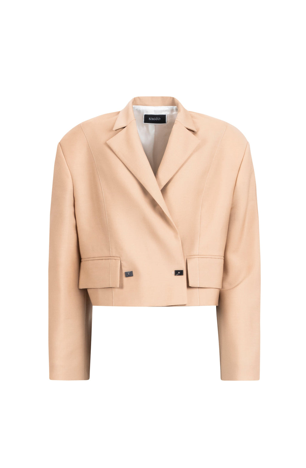 Beige cropped wool blazer with peaked lapels, flap pockets and double buttons
