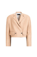 Beige cropped wool blazer with peaked lapels, flap pockets and double buttons