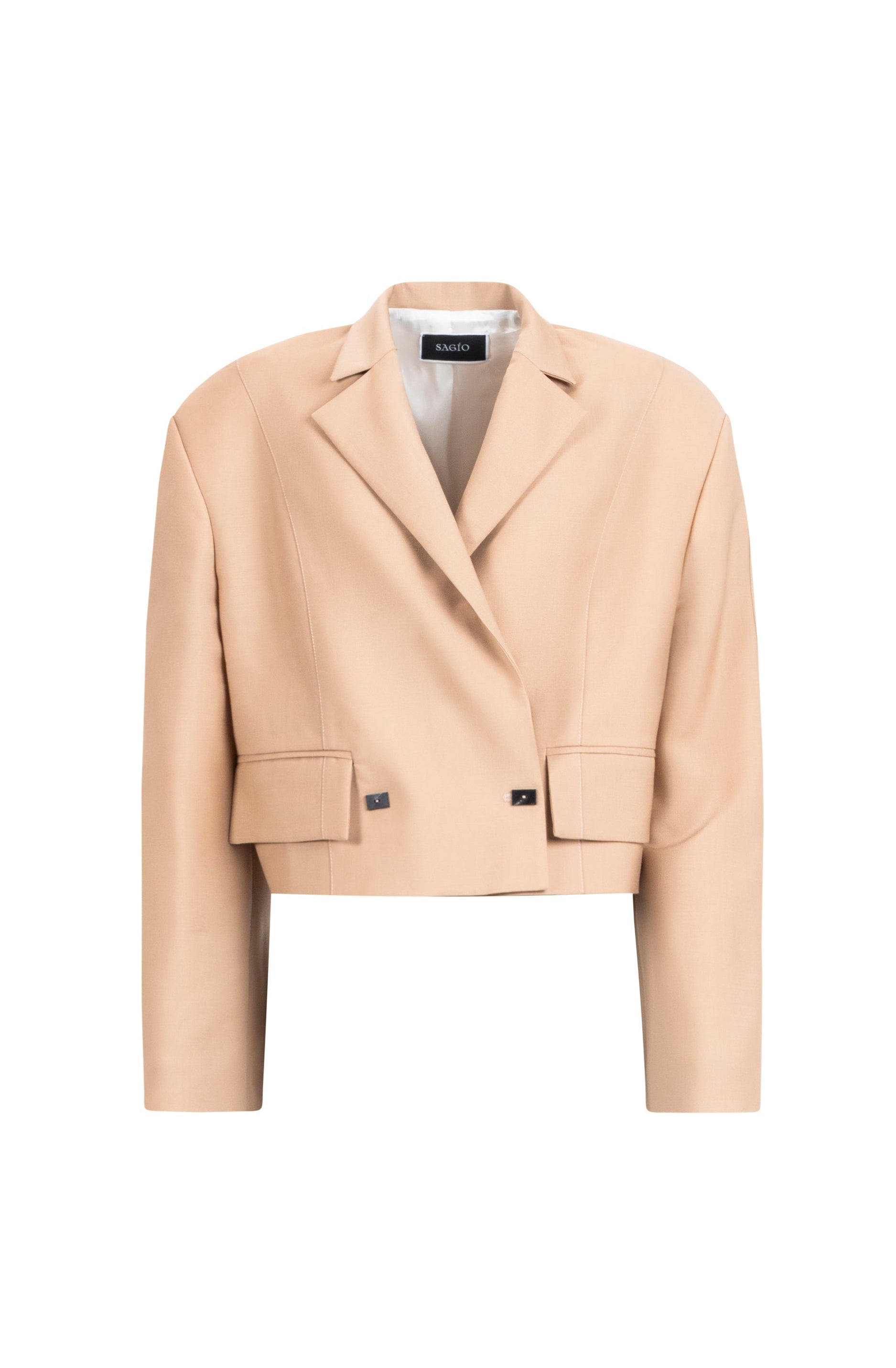 Beige cropped wool blazer with peaked lapels, flap pockets and double buttons
