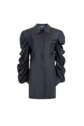 Women’s black wool shirt with sculptural sleeves, concealed placket