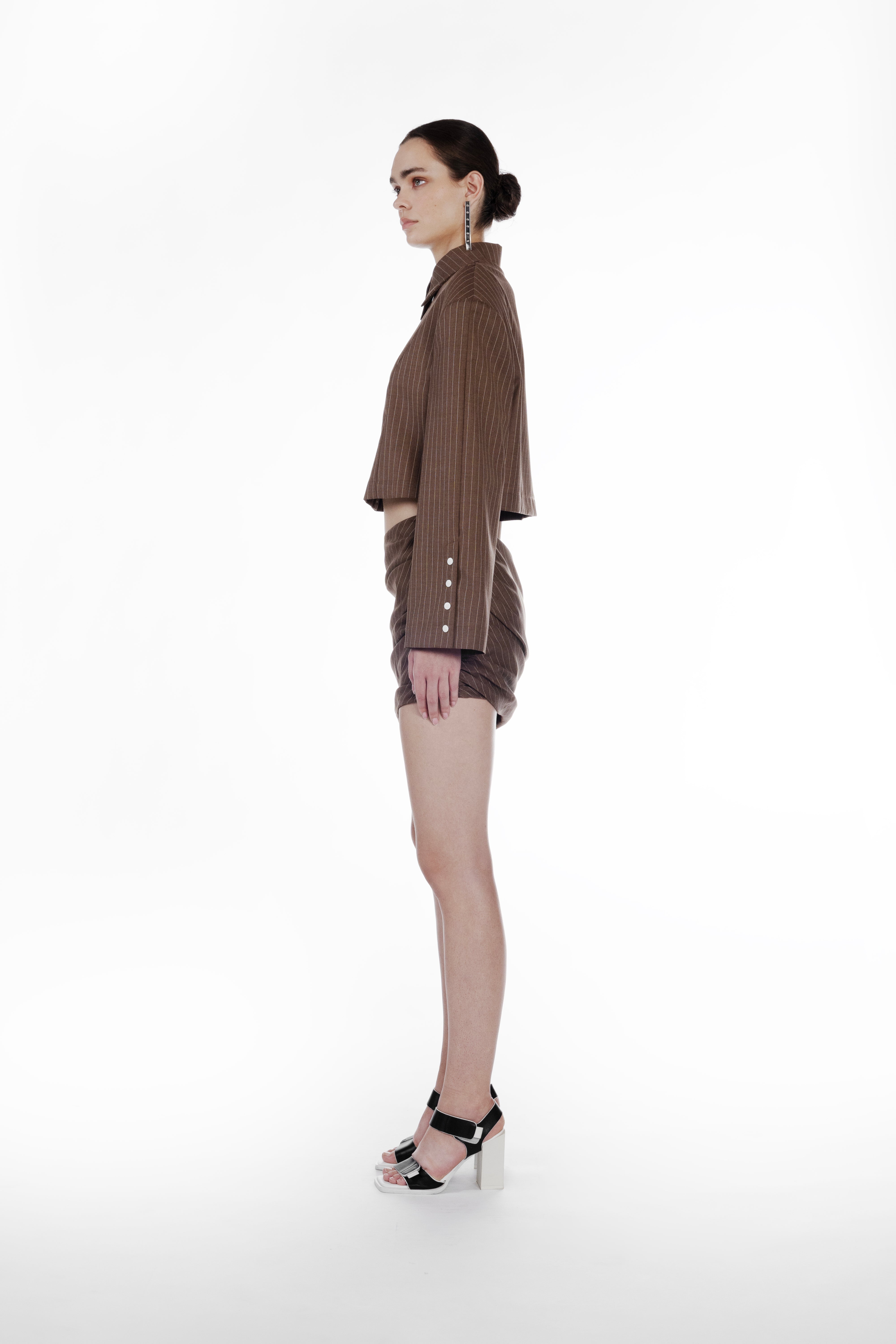 Falling Folds Stripes Skirt brown beige pinstripe mini skirt side view