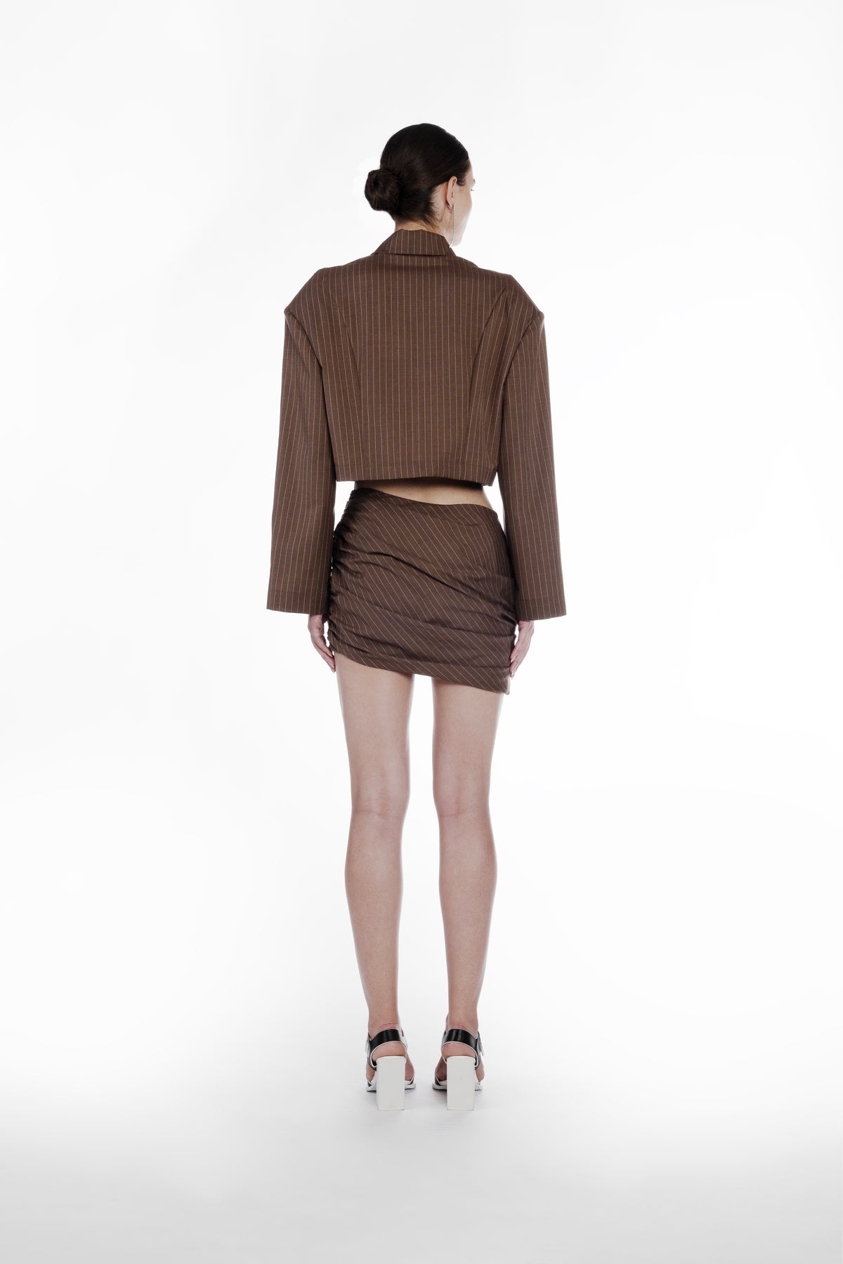 Falling Folds Stripes Skirt brown beige pinstripe mini skirt back view