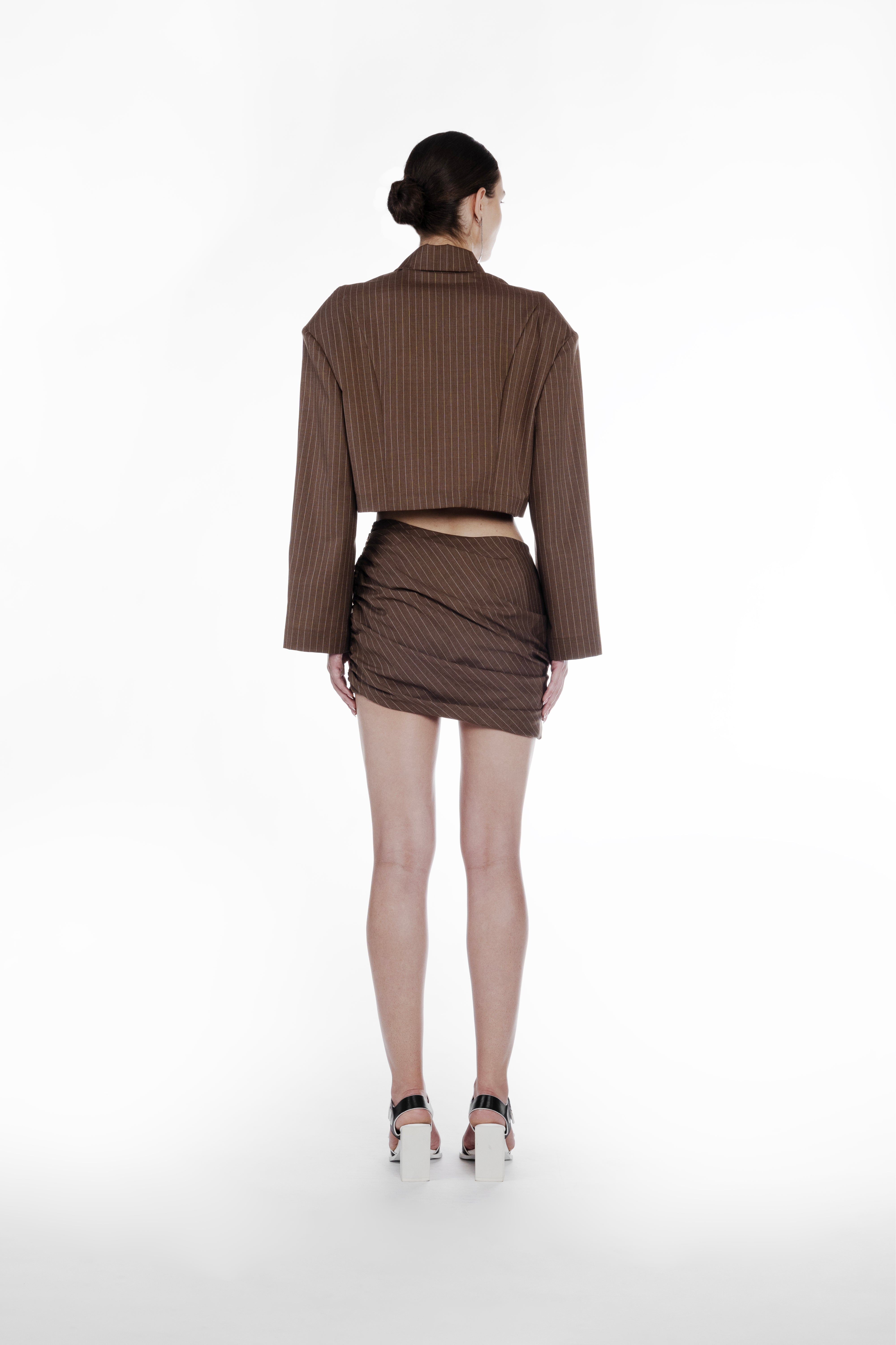 Falling Folds Stripes Skirt brown beige pinstripe mini skirt back view