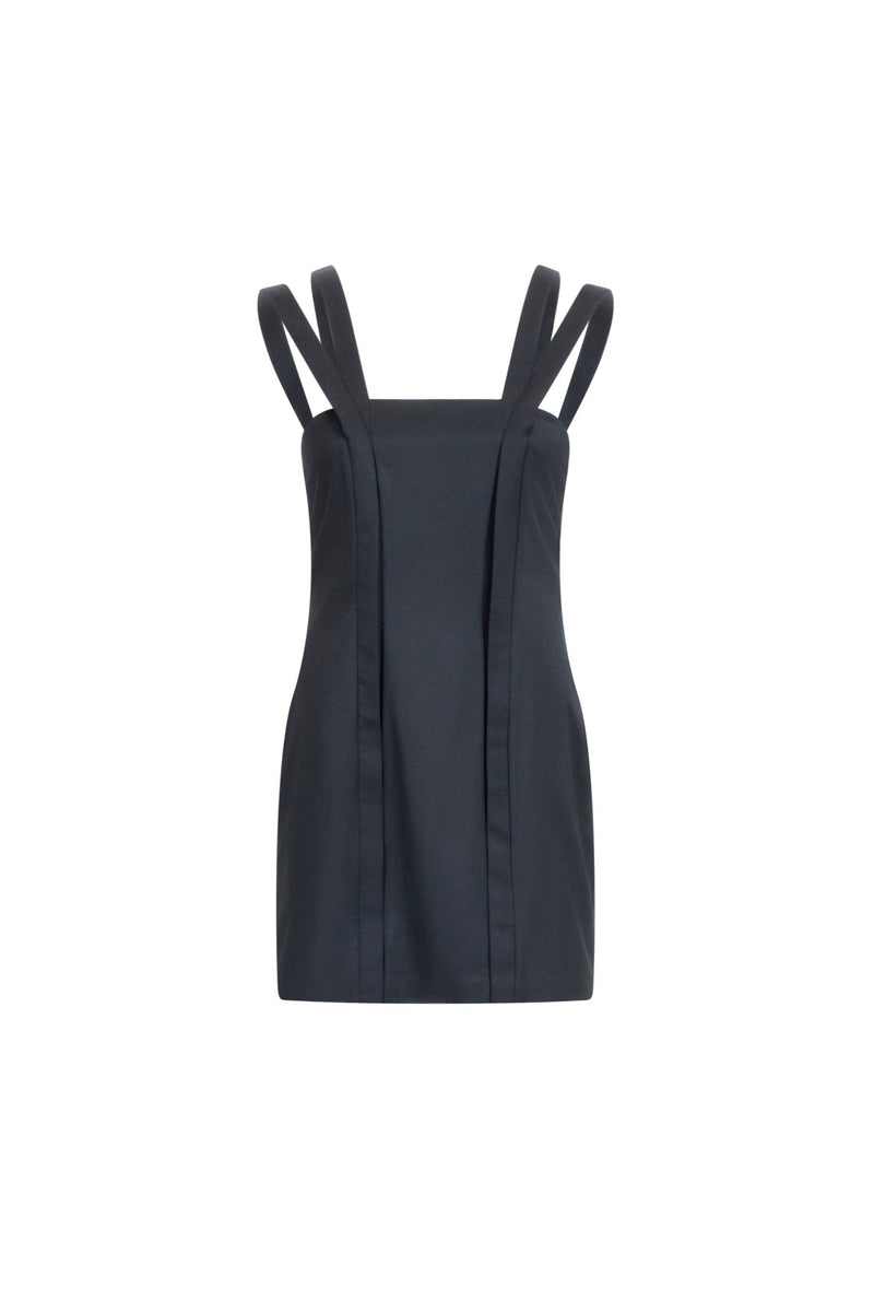 Black wool mini dress with double straps and falling placket panels, square neckline, above-knee length