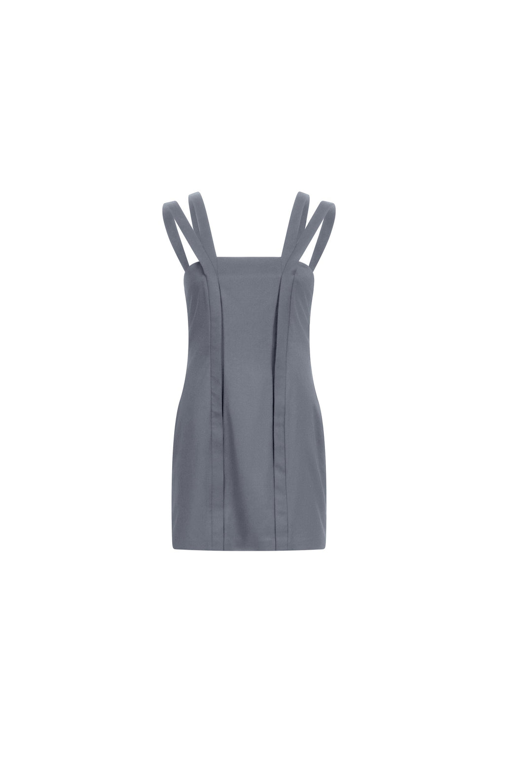 Gray wool mini dress with double straps and falling placket panels, square neckline, above-knee length