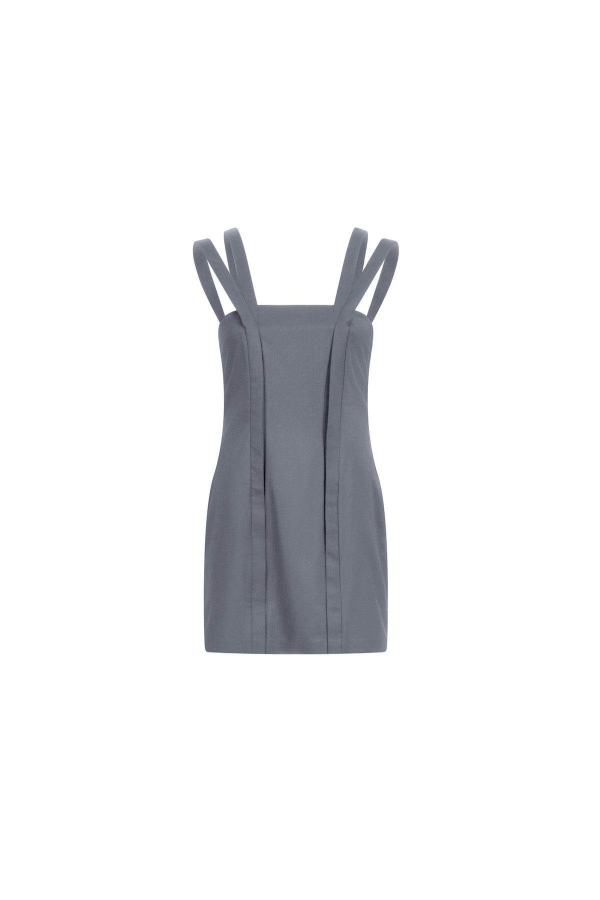 Gray wool mini dress with double straps and falling placket panels, square neckline, above-knee length