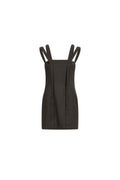 Dark brown wool mini dress with double straps and falling placket panels, square neckline, above-knee length